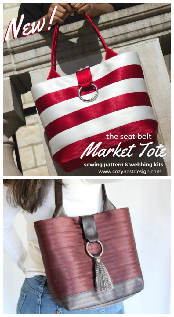 The Seatbelt Market Tote sewing pattern will take you step-by-step to create a customized bag made of seat belt webbing. Great kits are available on the designers' site. Seat belt webbing is shimmery and luxurious, yet extremely durable and easy to clean and sew, even on a home sewing machine.