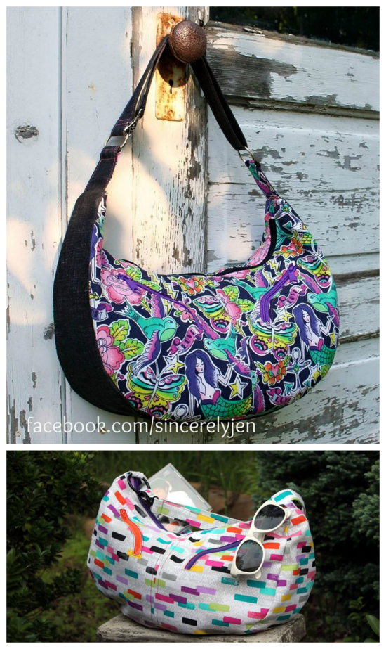 Sheena is an 80’s inspired large hobo bag. Two curved-zipper pockets accent the slouchy body of the bag, but the pattern also includes an option for straight zippers. There are two slip pockets inside and an adjustable strap with two fixed lengths; shoulder and cross-body.