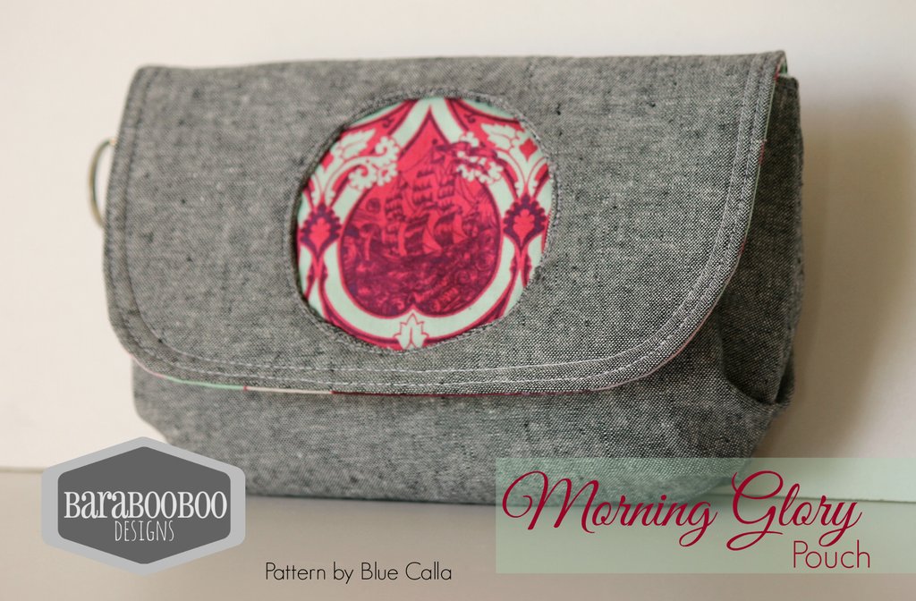 The Morning Glory Pouch has the following features: It's a small pouch It has a flap that has a magnetic snap closure There are pleats on the bottom to give the pouch some depth There is a reverse applique circle on the flap that allows you to feature a small piece of your favourite fabric The pattern's instructions include a small slip pocket inside