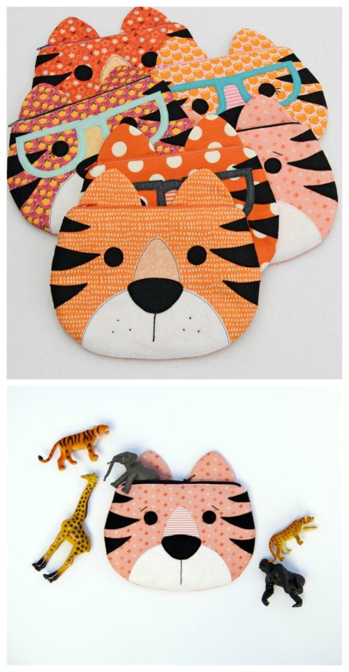 Children will love owning one of these fun zipper pouches that have the face of a tiger. They can store all kinds of school supplies in them or some of their smaller favorite toys. These zipper pouches are fully lined and can be completed by a confident beginner sewer who has the knowledge of some basic sewing skills required. It's the perfect pattern for a beginner who has never sewn a zipper before.