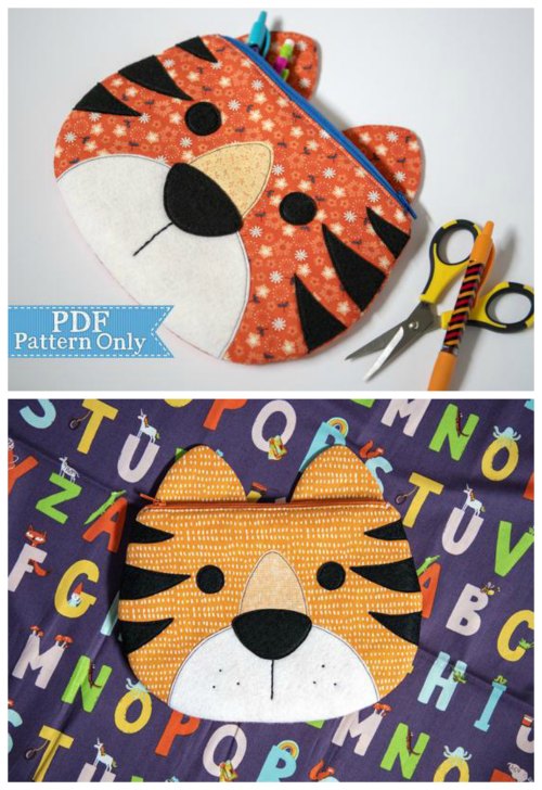 Children will love owning one of these fun zipper pouches that have the face of a tiger. They can store all kinds of school supplies in them or some of their smaller favorite toys. These zipper pouches are fully lined and can be completed by a confident beginner sewer who has the knowledge of some basic sewing skills required. It's the perfect pattern for a beginner who has never sewn a zipper before.