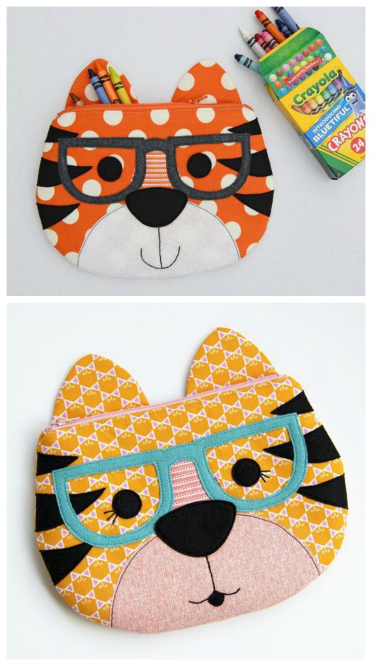 Children will love owning one of these fun zipper pouches that have the face of a tiger. They can store all kinds of school supplies in them or some of their smaller favorite toys. These zipper pouches are fully lined and can be completed by a confident beginner sewer who has the knowledge of some basic sewing skills required. It's the perfect pattern for a beginner who has never sewn a zipper before.