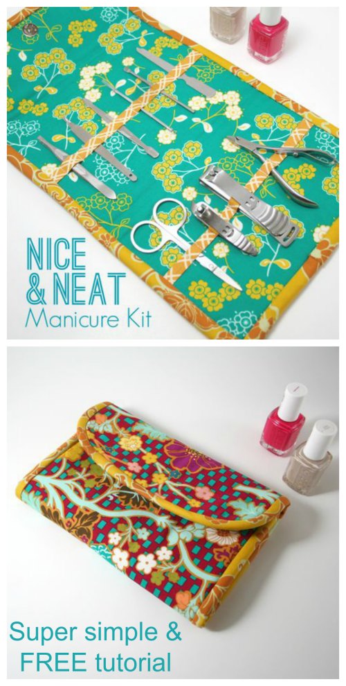 We love FREE patterns here at Sew Modern Bags and we like to share a number of them with you each week. This one is a super simple and easy tutorial for a manicure kit. You can make one for yourself or you can make some as beautiful gifts for a friend or loved one. The design is pretty basic so it is ideal for a beginner sewer who wants an easy and quick project.