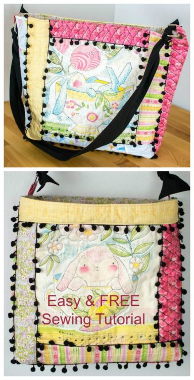 Quilt As You Go Tote Bag With Pom Poms FREE sewing tutorial - Sew ...