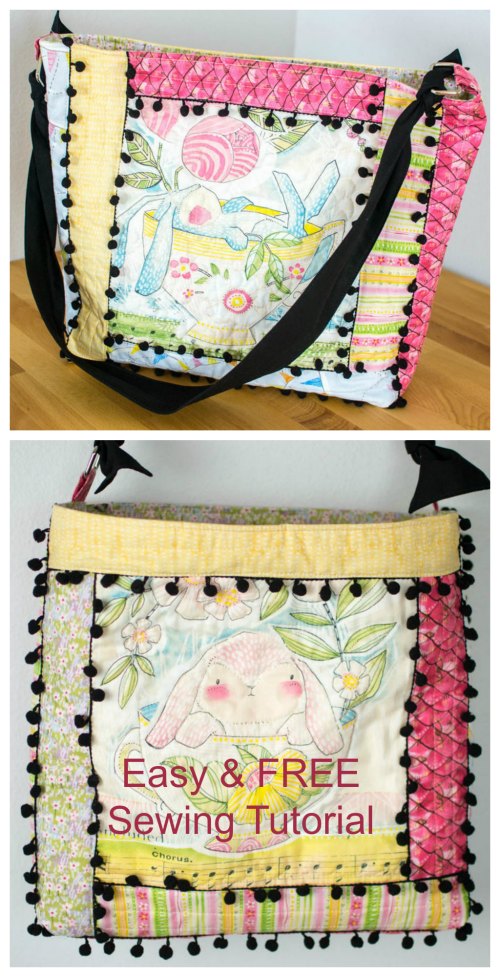 Quilt As You Go Tote Bag With Pom Poms FREE sewing tutorial