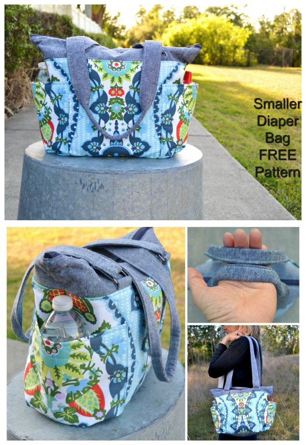 Here’s a FREE sewing pattern for a smaller diaper bag, with following features - It still has plenty of pockets - It has a wide base so it stands up easily in the car - It's smaller but can still fit a handful of diapers, toys, snacks, and drinks for a day in the park - It has an easy to zip and easy to sew sport separating zipper - It has handles that are long enough to throw over your shoulder one-handed.