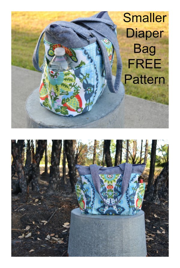 Here’s a FREE sewing pattern for a smaller diaper bag, with following features - It still has plenty of pockets - It has a wide base so it stands up easily in the car - It's smaller but can still fit a handful of diapers, toys, snacks, and drinks for a day in the park - It has an easy to zip and easy to sew sport separating zipper - It has handles that are long enough to throw over your shoulder one handed.