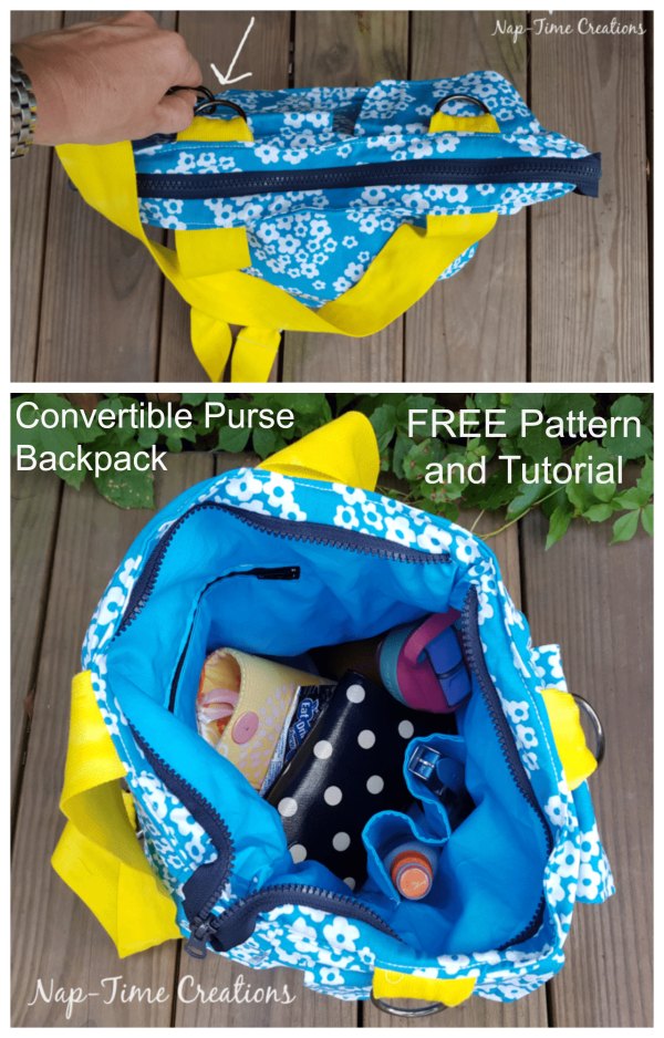 What an absolutely fabulous bag pattern this designer has given us all. When you want, it easily and quickly converts from a backpack to a purse, and then back again. And what is great as well the pattern and the tutorial are completely free.