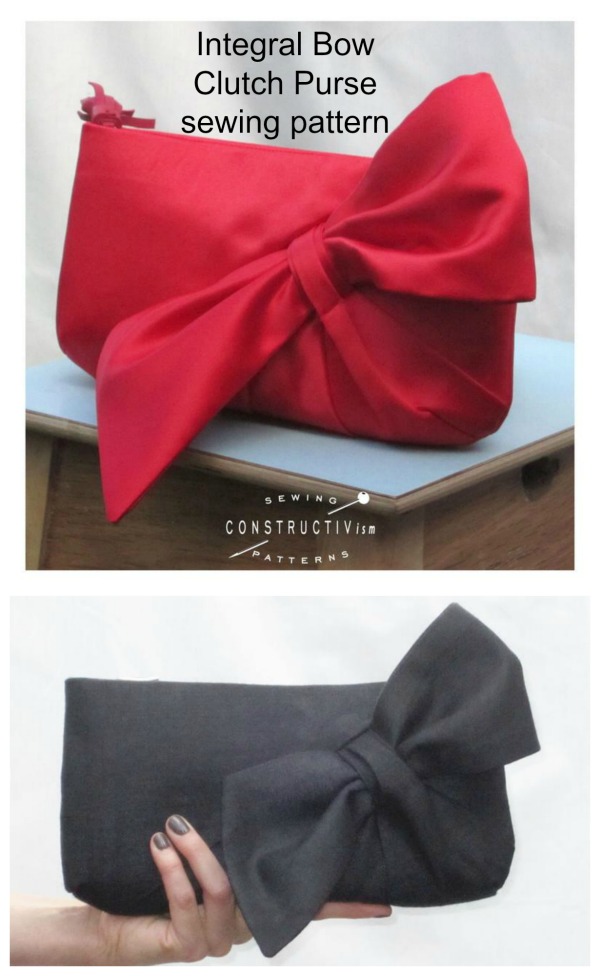 This is the Integral Bow Clutch Purse sewing pattern. This digital download is for a structured, zipped clutch with a beautiful sumptuous bow on the front. The bow is not "stuck on", instead it's integrated into the body of the front panel.