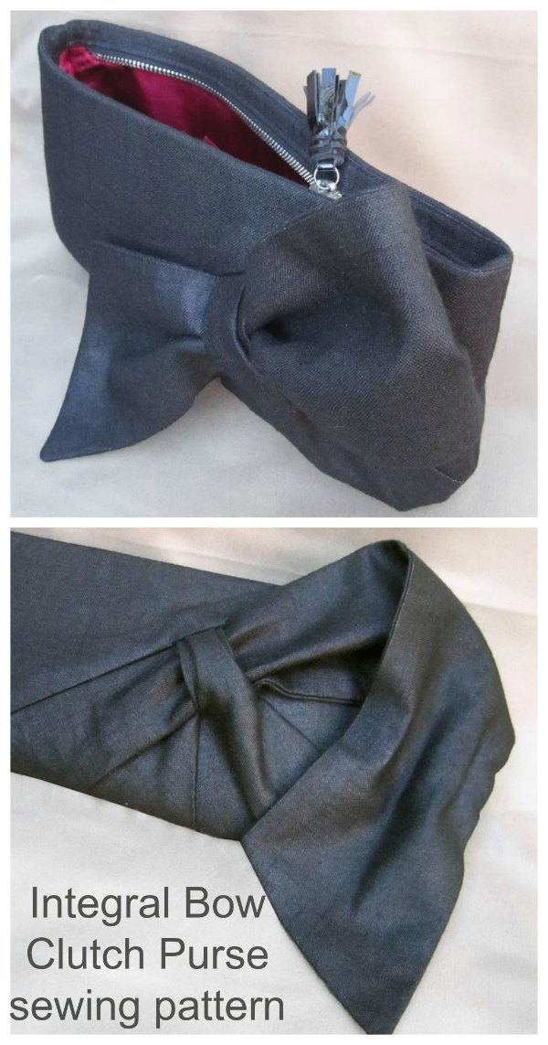 This is the Integral Bow Clutch Purse sewing pattern. This digital download is for a structured, zipped clutch with a beautiful sumptuous bow on the front. The bow is not "stuck on", instead it's integrated into the body of the front panel.