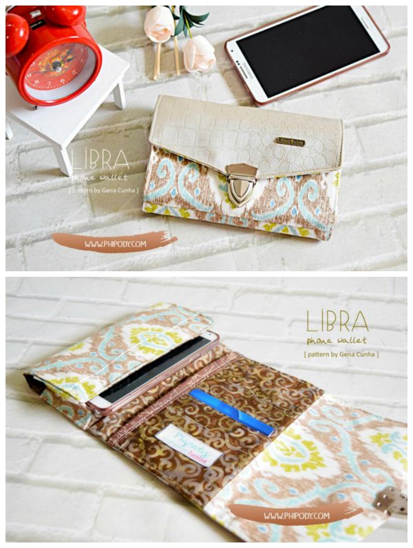 This is the Libra Phone Wallet pattern that the designer has made to fit two sizes of phone. There's the large size for phones bigger than 5” and a small size for 5” phones or smaller. 