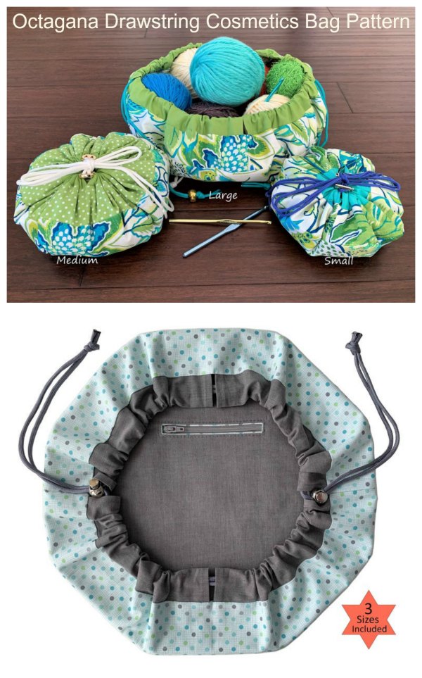 If you want to make yourself a drawstring closure bag and keep all of your items safe then here is the perfect solution, it's the Octagana Drawstring Cosmetics Bag pattern. It's designed with a wide-open mouth and you have the option of adding an inside zippered pocket to keep even your smallest items safe such as jewelry and keepsakes. It comes in three sizes.