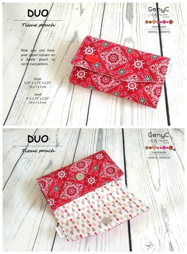 Why not make yourself a lovely pouch for your tissues? You can make one for yourself or lots as presents for friends and family, or even make some to sell. The Duo Tissue Pouch is very versatile, it can also be used as a phone pouch or to put your essential oils for example.