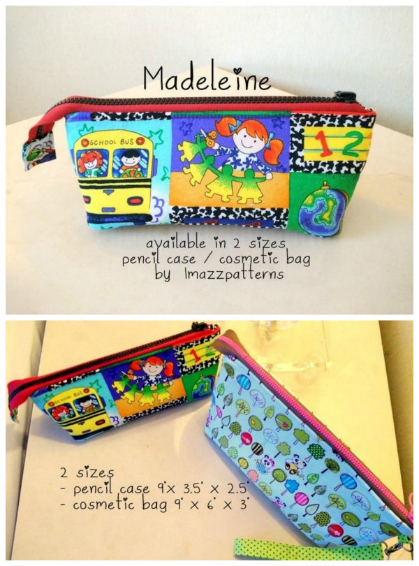 The gifted designer of this latest sewing project named her creation the Madeleine Pouch. She has produced two patterns for the price of one. One pattern will make a pencil case while the second pattern will make a cosmetics bag. The pouches are both simple and quick to make and can be made by all bag makers. 