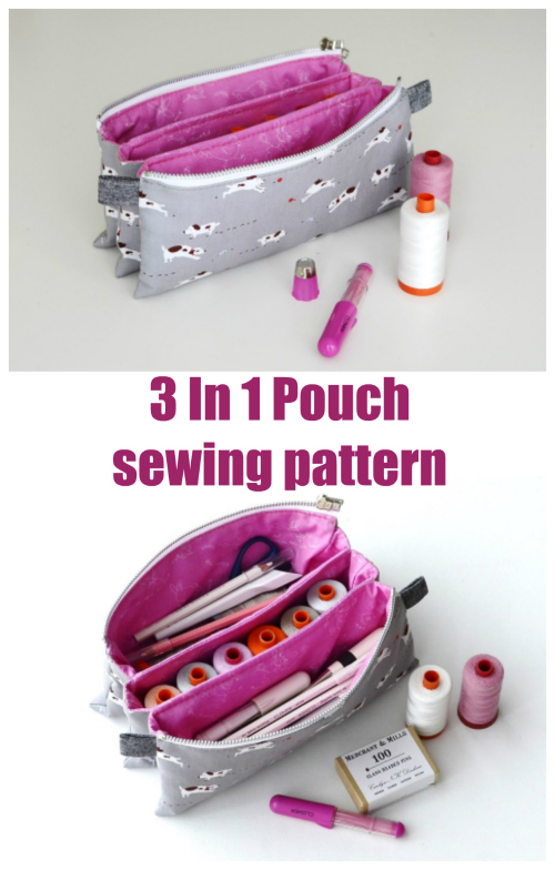 Here's a great sewing pattern for the 3 In 1 Pouch which is a zipper pouch with three separate compartments. 