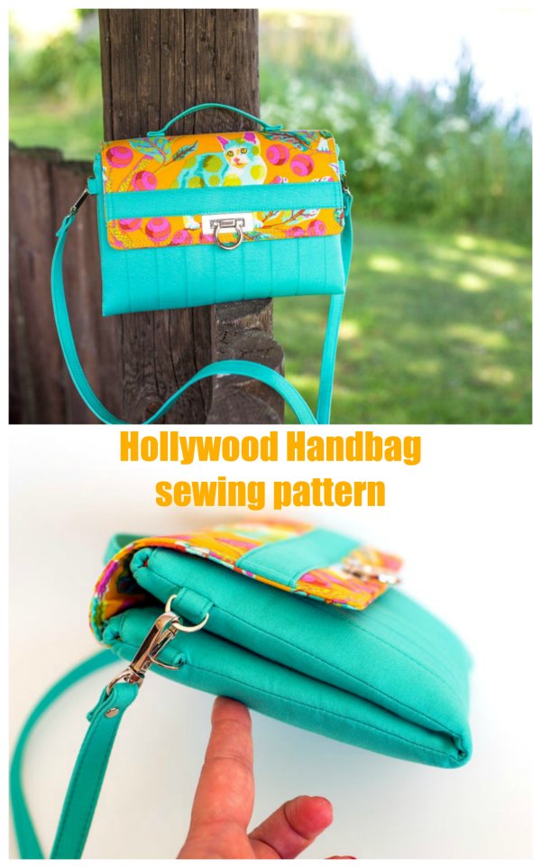 This is the Hollywood Handbag. The amazing pattern designer describes it as a fun and quick sew! The folded in half design is quite unique and sure to turn a few heads. It also gives you two separate zippered compartments under the flap giving perfect added security with the double closure. 