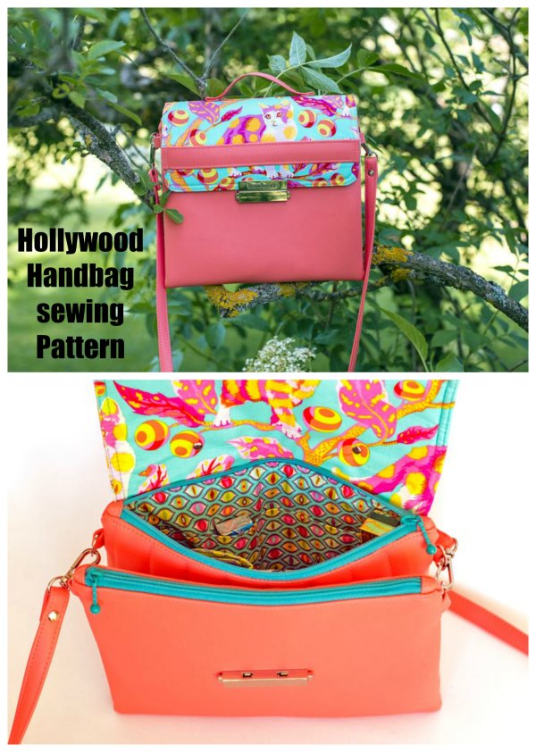 This is the Hollywood Handbag. The amazing pattern designer describes it as a fun and quick sew! The folded in half design is quite unique and sure to turn a few heads. It also gives you two separate zippered compartments under the flap giving perfect added security with the double closure. 
