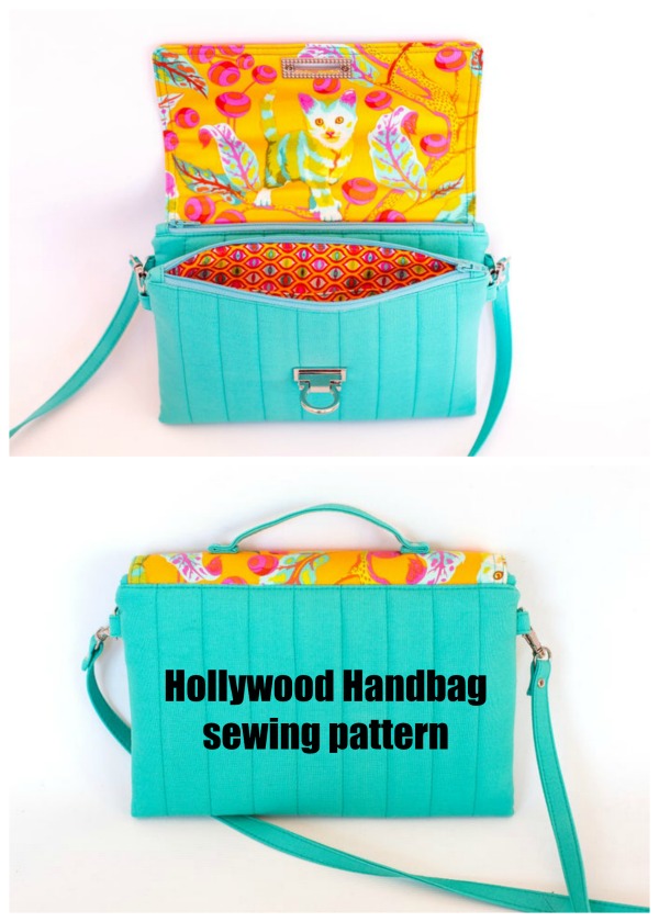 This is the Hollywood Handbag. The amazing pattern designer describes it as a fun and quick sew! The folded in half design is quite unique and sure to turn a few heads. It also gives you two separate zippered compartments under the flap giving perfect added security with the double closure. 