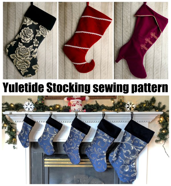 The Yuletide Stocking is a simple and festive stocking design with several cuff and toe shapes.  This stocking is beautiful in any fabric, including velvet, brocade, home decor cotton, or quilting cotton.  Use piping, embroidery, or other embellishments to create custom, beautiful stockings for your whole family.