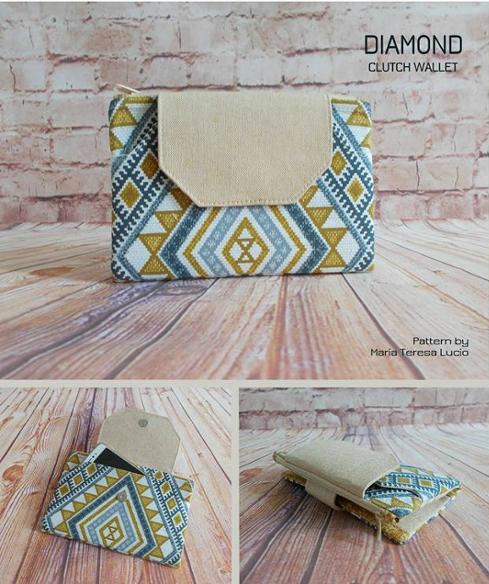 Sewing pattern for the Diamond Clutch Wallet which is the perfect grab and go clutch bag wallet with space for a phone, bank cards, coins and paperwork.