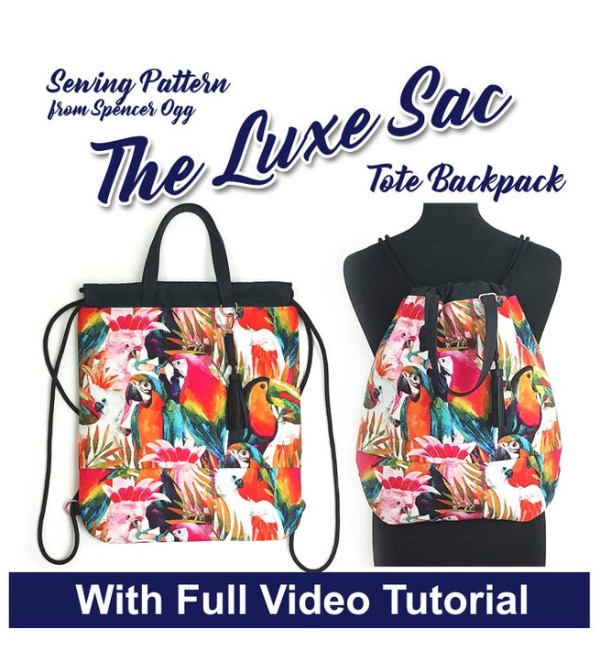 PDF pattern and video tutorial. This is the Luxe Sac Tote Backpack which converts from a tote to a backpack in just one tug. It's both very stylish and super strong. The drawstring backpack is a real fashion item at the moment. This amazing designer has taken that fashion item and turned it into a real quality item that can be used every day.