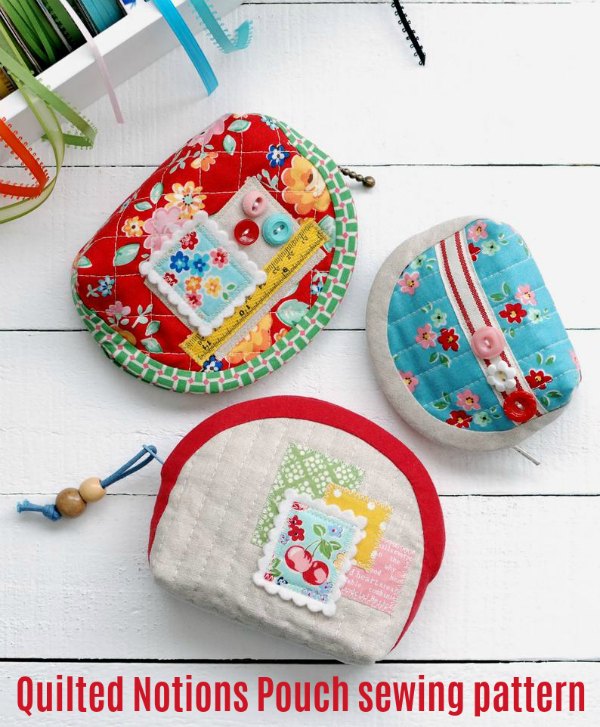 This is a PDF sewing pattern to make two different sized Quilted Notion Pouches. The skilled designer describes them as a cute little zakka style zipper pouch to store sewing notions, accessories, or other small items.