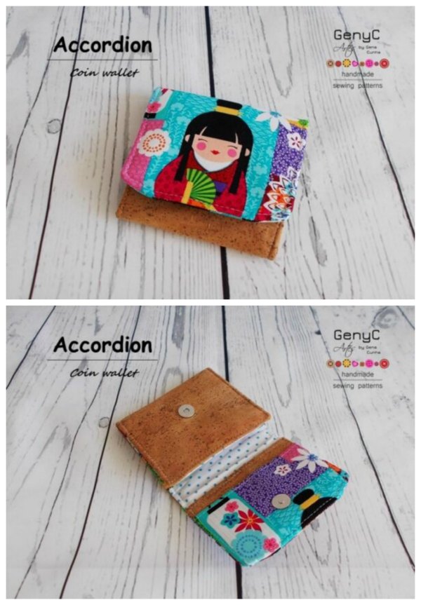 This is a lovely digital pattern for a cute little coin purse called the Accordion Coin Wallet. The designer made it as a coin pouch, but if you like you can give it other uses of course. This little wallet has two card slots, a coin pocket and it uses a magnetic snap to close.