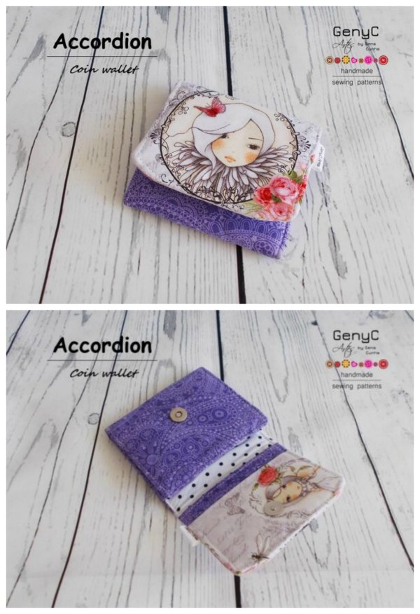 This is a lovely digital pattern for a cute little coin purse called the Accordion Coin Wallet. The designer made it as a coin pouch, but if you like you can give it other uses of course. This little wallet has two card slots, a coin pocket and it uses a magnetic snap to close.