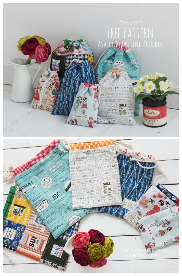 Free downloadable pattern. The absolutely adorable Ashley Drawstring Pouch comes in three convenient sizes, small, medium and large, meaning they are perfectly suited for various occasions. It's a wonderful project for anyone looking for a fantastically versatile pouch.