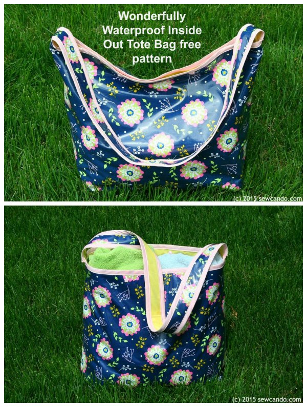 This is the free digital pattern for the Wonderfully Waterproof Inside Out Tote Bag. It's a great size tote bag that can carry loads of stuff open or closed.