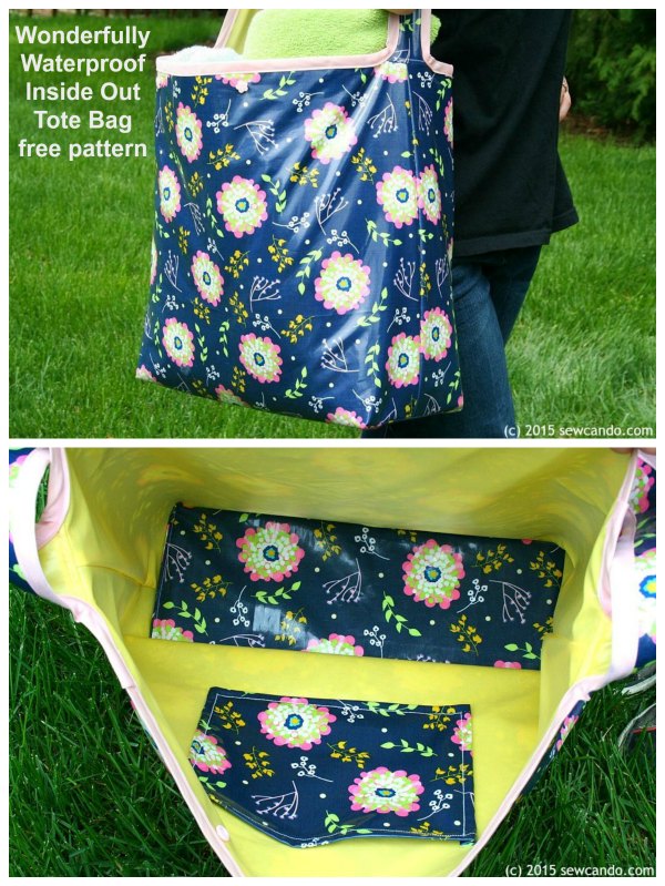 This is the free digital pattern for the Wonderfully Waterproof Inside Out Tote Bag. It's a great size tote bag that can carry loads of stuff open or closed.