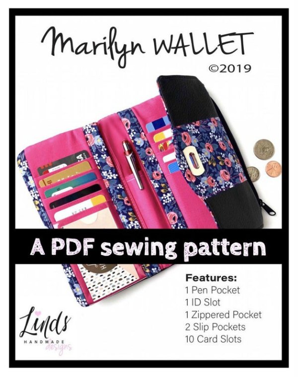 This awesome designer has made a fantastic compact trifold wallet pattern named the Marilyn Trifold Wallet, which has 10 card slots, with 1 clear ID pocket, 2 slip pockets, a pen pocket, and an exterior zippered coin pocket.