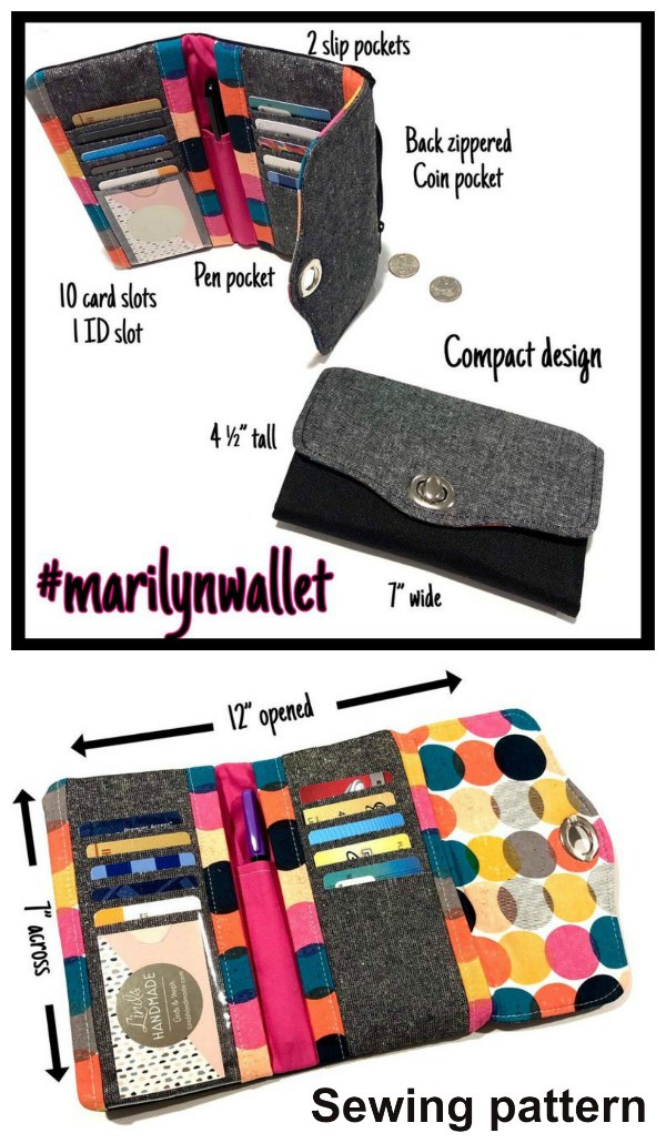This awesome designer has made a fantastic compact trifold wallet pattern named the Marilyn Trifold Wallet, which has 10 card slots, with 1 clear ID pocket, 2 slip pockets, a pen pocket, and an exterior zippered coin pocket.