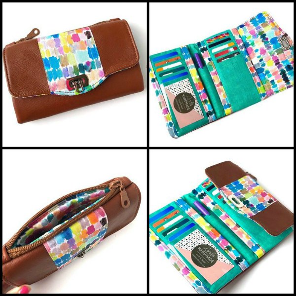 This awesome designer has made a fantastic compact trifold wallet pattern named the Marilyn Trifold Wallet, which has 10 card slots, with 1 clear ID pocket, 2 slip pockets, a pen pocket, and an exterior zippered coin pocket.