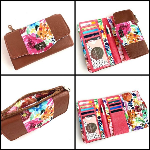 This awesome designer has made a fantastic compact trifold wallet pattern named the Marilyn Trifold Wallet, which has 10 card slots, with 1 clear ID pocket, 2 slip pockets, a pen pocket, and an exterior zippered coin pocket.