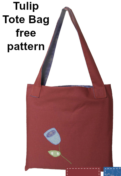 This is a downloadable pattern for a basic tote bag where the pattern is free. It's called the Tulip Tote Bag and it has been embellished with appliqué and embroidery. You can change up the look by working with different colors of thread and by adding your own hand stitching.