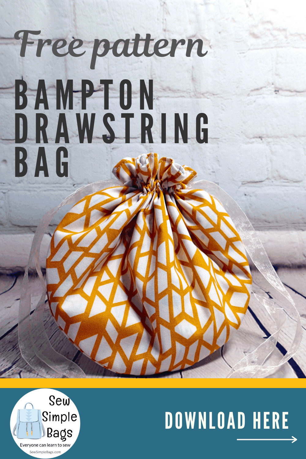 Easy drawstring bag sewing pattern for beginners with video tutorial in three sizes