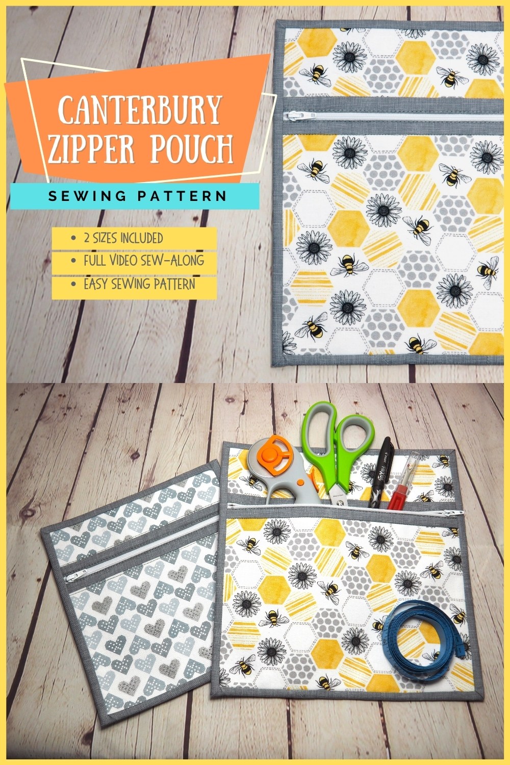 Canterbury Zipper Pouch sewing pattern in 2 sizes with video