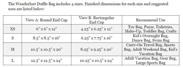 Wanderlust Duffle Bag pattern dimensions