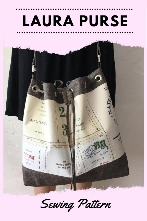 Laura Purse sewing pattern. This beautiful drawstring purse is a wonderfully roomy everyday purse that will fit all your necessities and there’s still room for a few extras. Laura has one interior zipper pocket, one interior slip pocket, and a super fun drawstring closure.