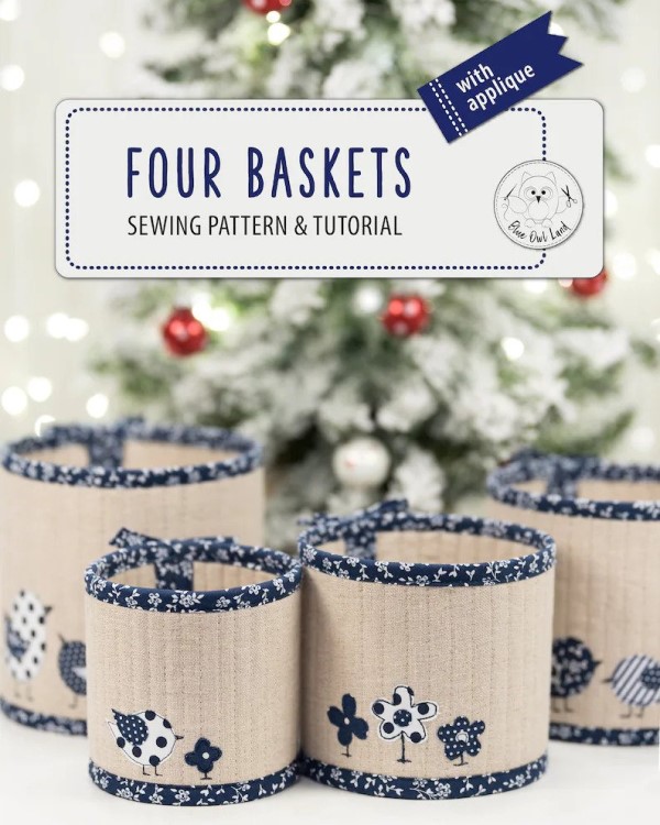 Set of 4 cute quilted sewing baskets with applique sewing pattern