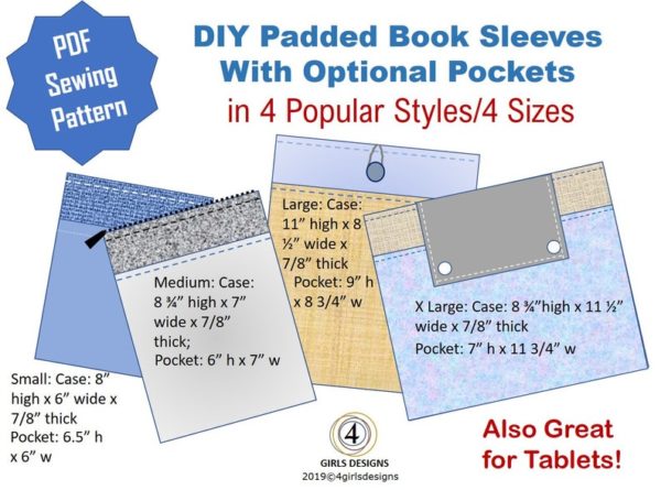 DIY Padded Book Sleeves (4 sizes) sewing pattern