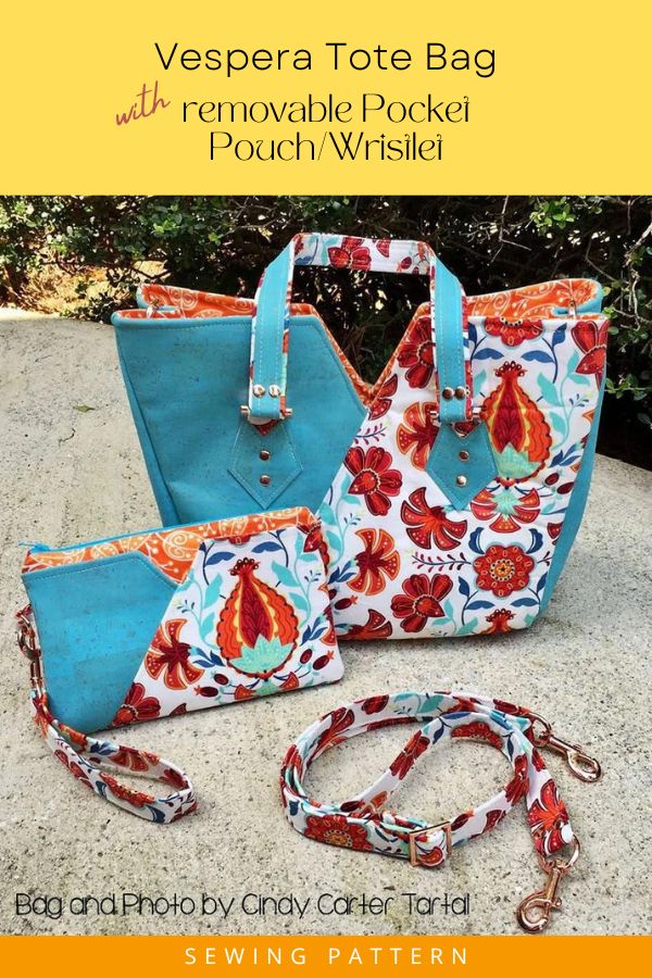 Vespera Tote Bag with removable Pocket Pouch/Wristlet sewing pattern