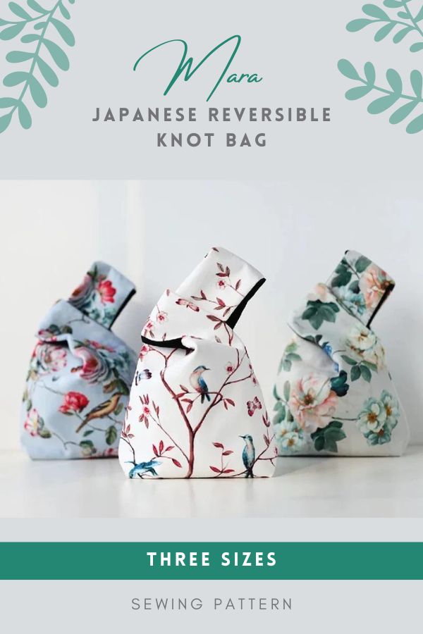 Japanese Style Knot Bag Sewing Pattern, Reversible, 5 Sizes, Quick and Easy