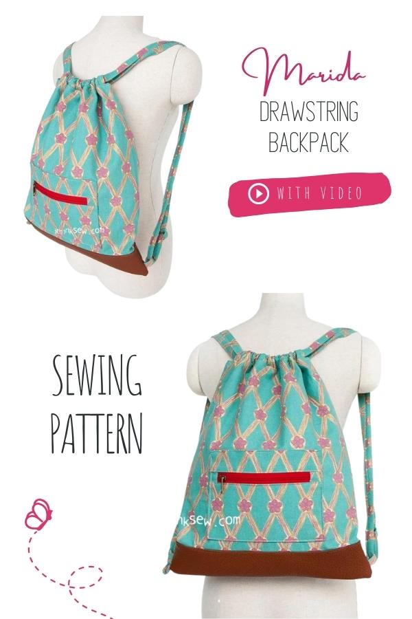 Marida Drawstring Backpack sewing pattern with video Sew