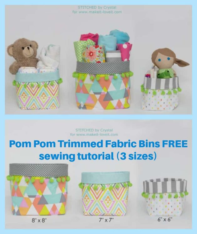 Pom Pom Trimmed Fabric Bins FREE sewing tutorial (3 sizes) Sew Modern Bags