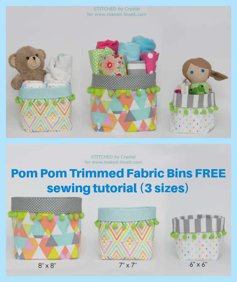 Pom Pom Trimmed Fabric Bins FREE sewing tutorial (3 sizes)