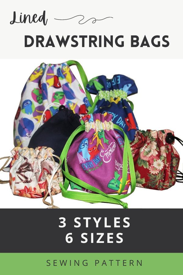 Lined Drawstring Bags sewing pattern (3 styles 6 sizes)