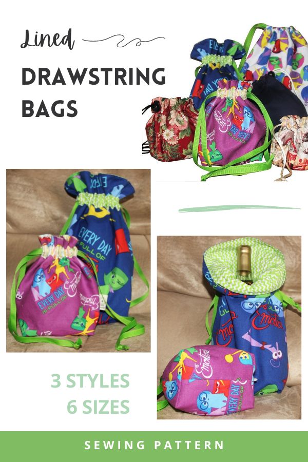 Lined Drawstring Bags sewing pattern (3 styles 6 sizes)