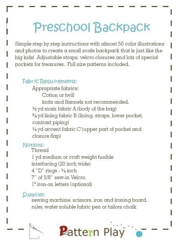 Preschool Backpack sewing pattern material requirements.